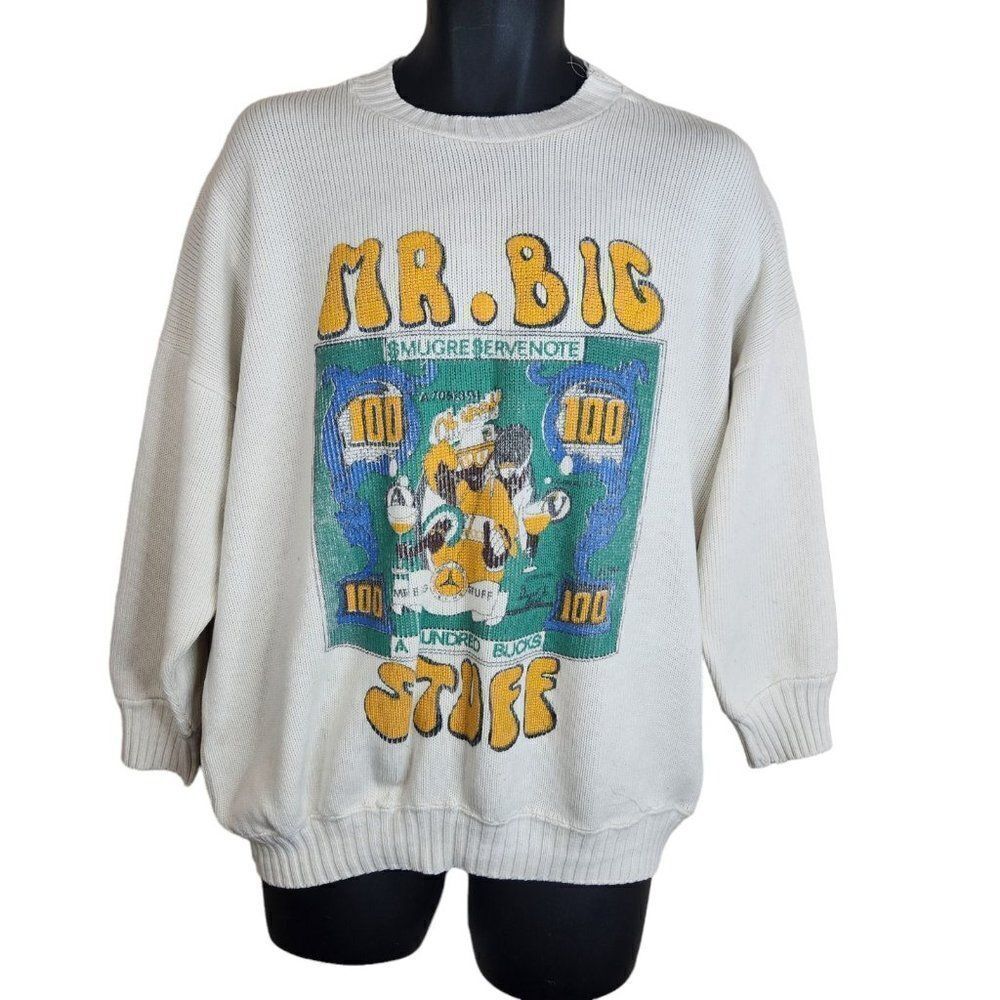 Vintage 80s Novelty Sweater Mr Big Stuff White Cartoon L Crewneck Destroyed